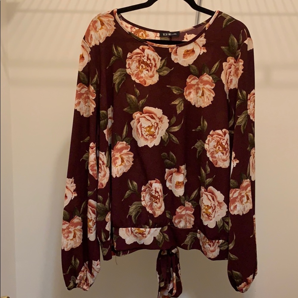 Plus Size Maroon Floral Back Tail Tie Blouse- FTF